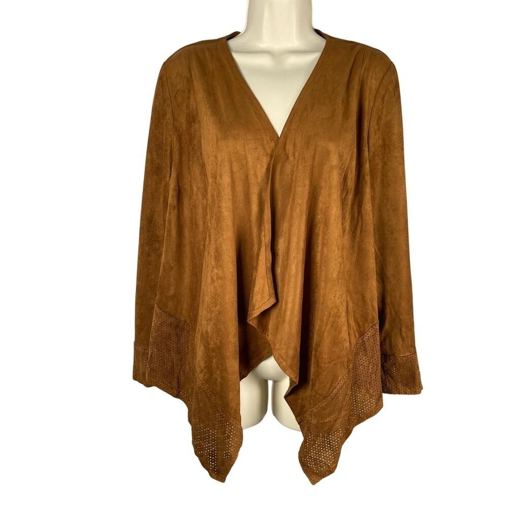 Chico's Jacket 1 Faux Suede Perforated Open Front Draped Western Cowgirl‎ Boho